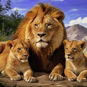 Painting of majestic lion dad with cubs by Nature Oil Painting Painting of majestic lion dad with cubs by Nature Oil Painting