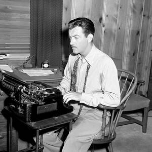 Robert Taylor Candid Vintage Typewriter 1946 Studying Formal Attire Pose by Silver Screen