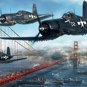 Vought F4U Corsairs Over The Golden Gate Bridge by Antonios Valamontes