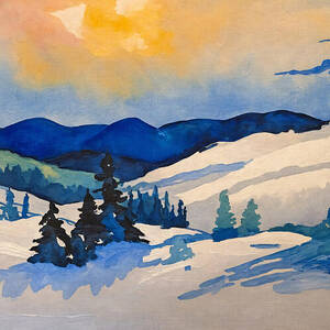 Winter landscape with fir trees and mountains in the distance - impressionist painting by Nicko Prints Winter landscape with fir trees and mountains in the distance - impressionist painting by Nicko Prints