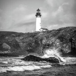 Yaquina Head Lighthouse And Wave Black And White by Dan Sproul